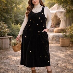 Vintage Quacker 1X Factory Black Velvet Star Jumper Dress  Celestial Gold